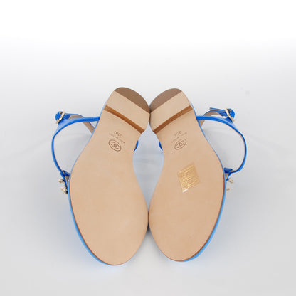 Chanel Shiny Kidskin CC Logo Thong Sandals 35 Blue 6 of 8