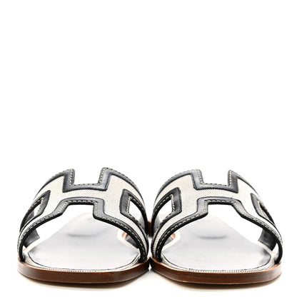 Hermes Calfskin Canvas Oran Sandals 37 Black 2 of 9