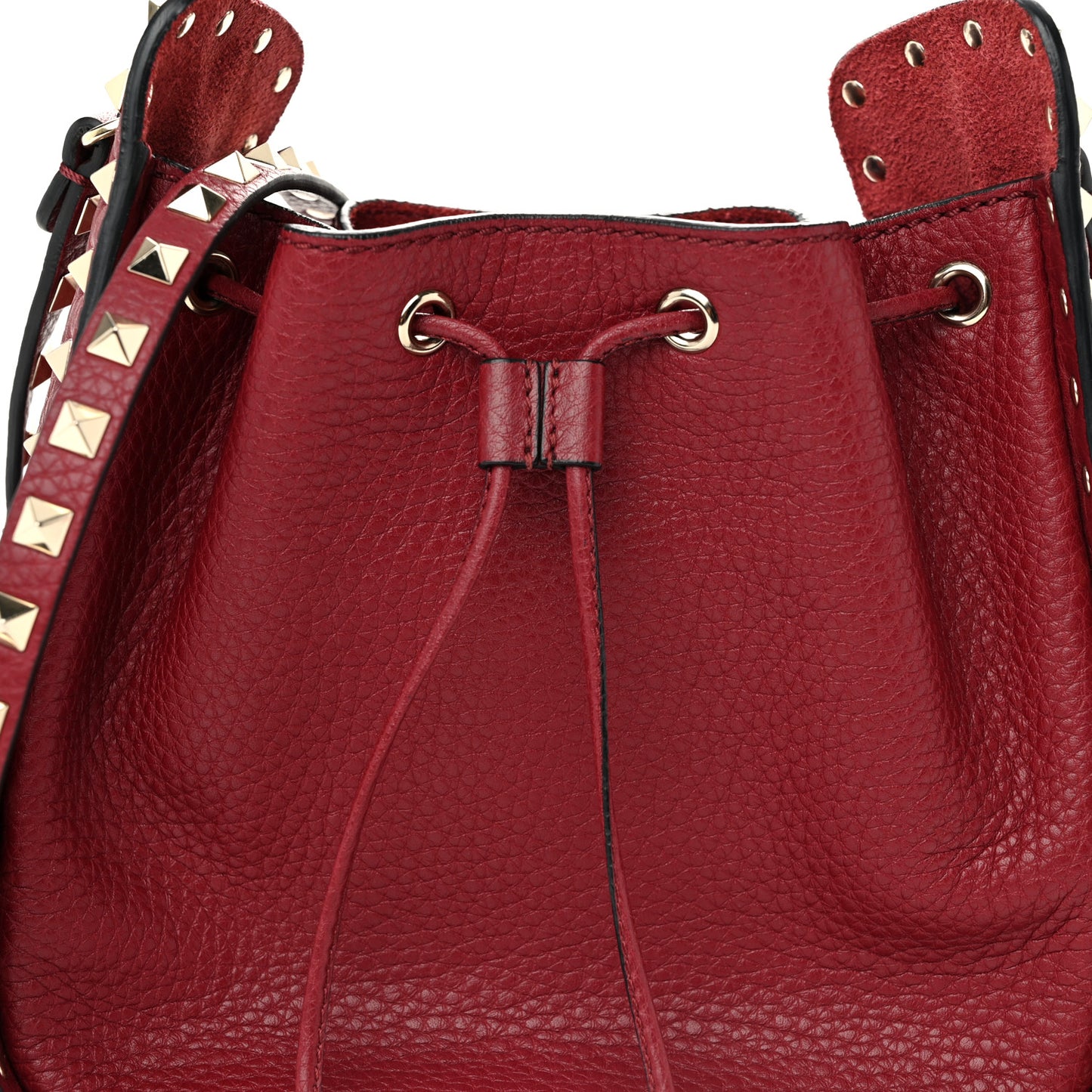 Grained Calfskin Rockstud Bucket Bag Rubino