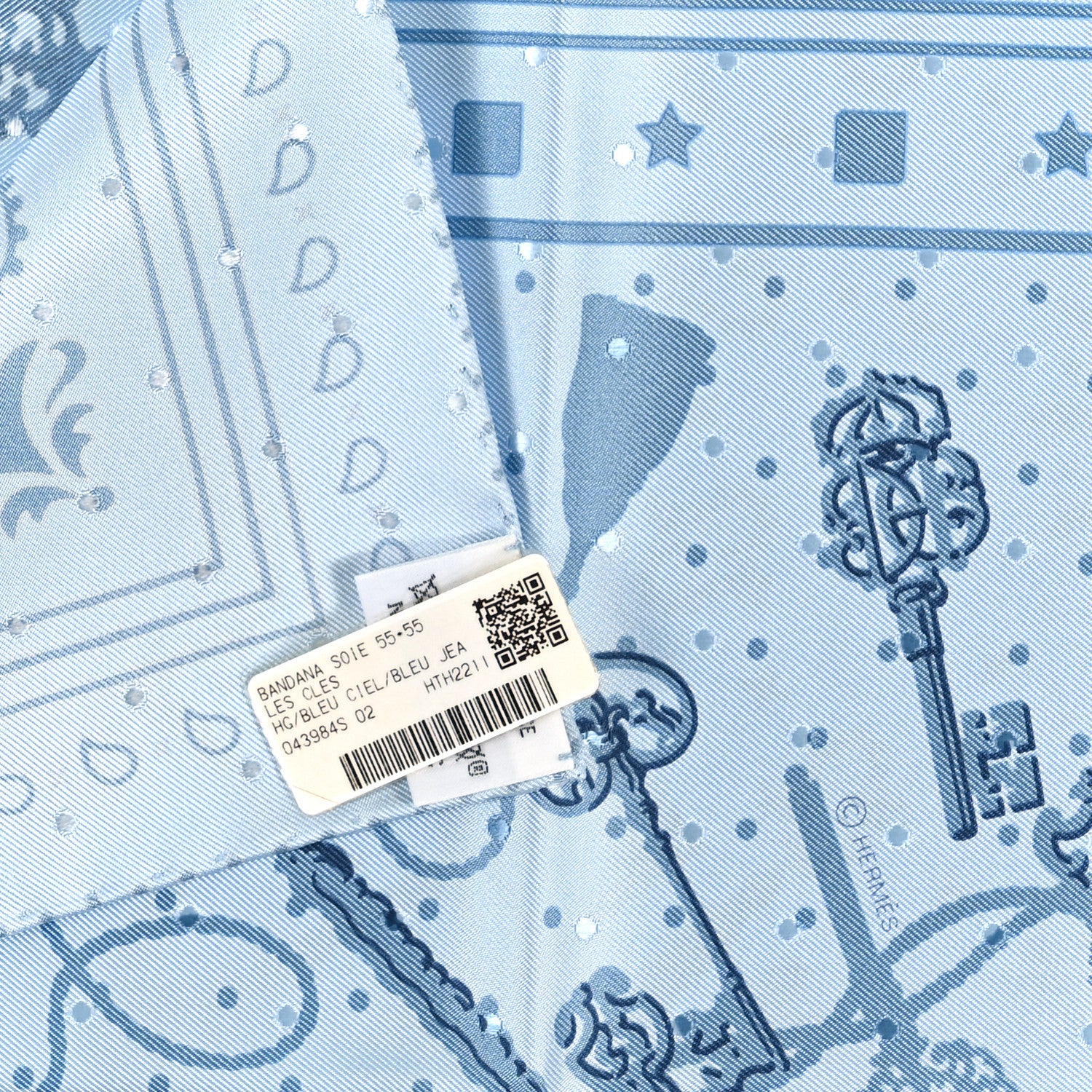 Hermes Silk Les Cles Bandana Scarf 55 Bleu Ciel Bleu Jean Gris 3 of 3