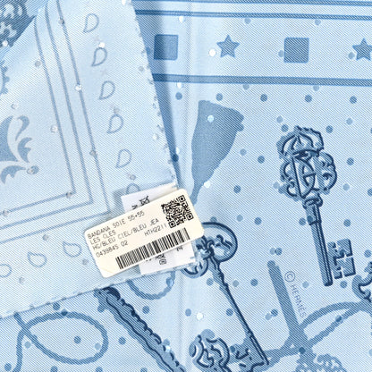 Hermes Silk Les Cles Bandana Scarf 55 Bleu Ciel Bleu Jean Gris 3 of 3