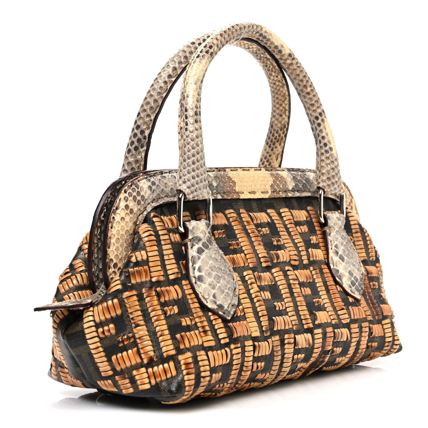 Fendi Woven Straw Snakeskin Selleria Mini Adele 1328 Bag Naturale