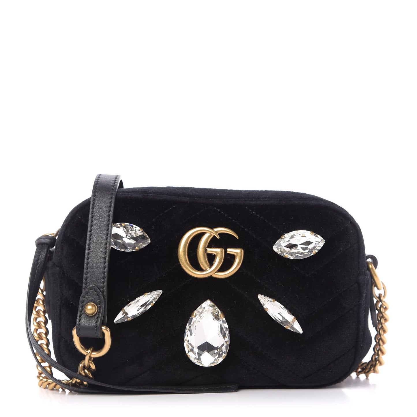 Velvet Matelasse Marquise Crystals Mini GG Marmont Chain Shoulder Bag Black