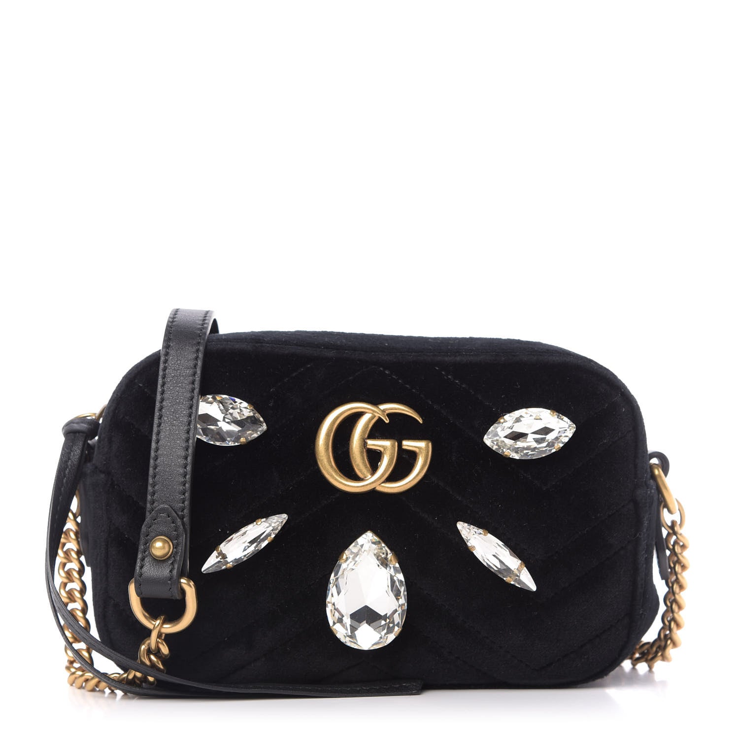 Gucci Velvet Matelasse Marquise Crystals Mini GG Marmont Chain Shoulder Bag Black 1 of 9
