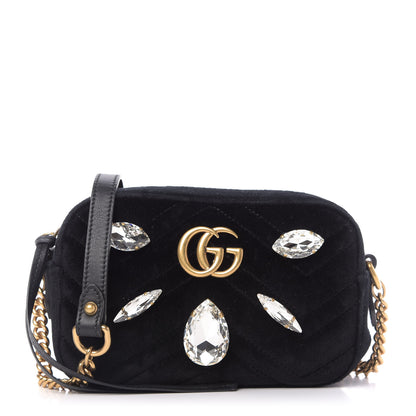 Gucci Velvet Matelasse Marquise Crystals Mini GG Marmont Chain Shoulder Bag Black 1 of 9