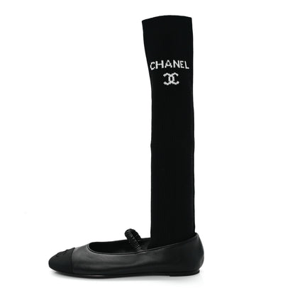 Chanel Lambskin Grosgrain Cap Toe CC Ballerina Flats With Leg Warmers 38.5 Black 2 of 10