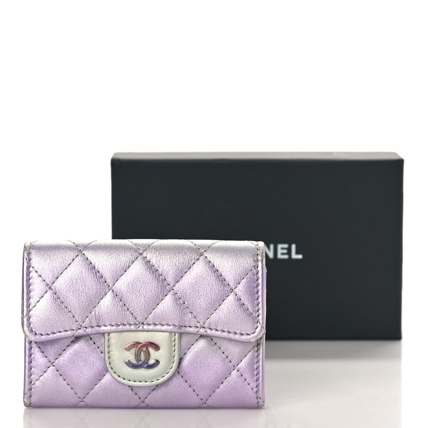 Gradient Metallic Calfskin Quilted Flap Card Holder Wallet Silver Blue Yellow Purple