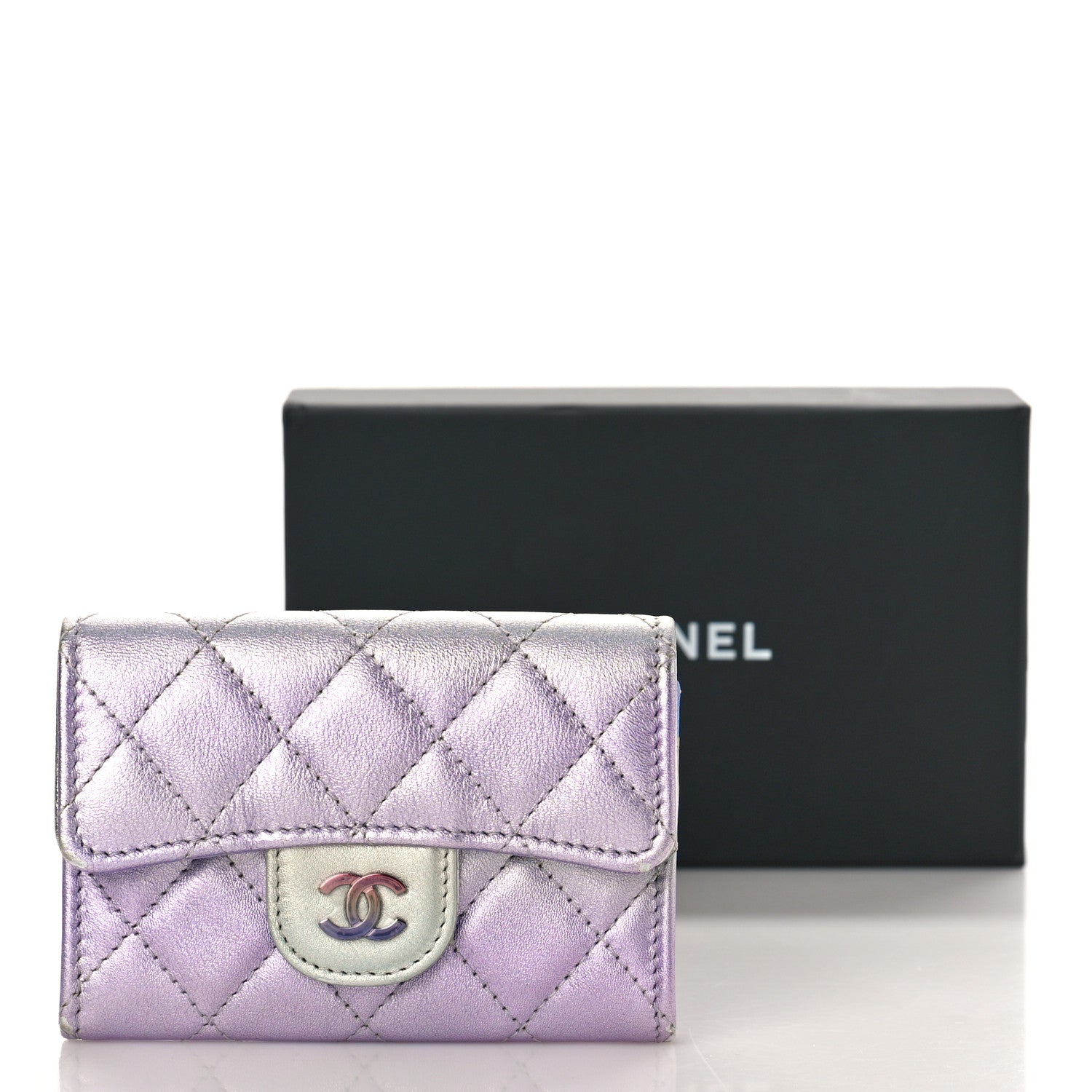 Chanel Gradient Metallic Calfskin Quilted Flap Card Holder Wallet Silver Blue Yellow Purple 10 of 10