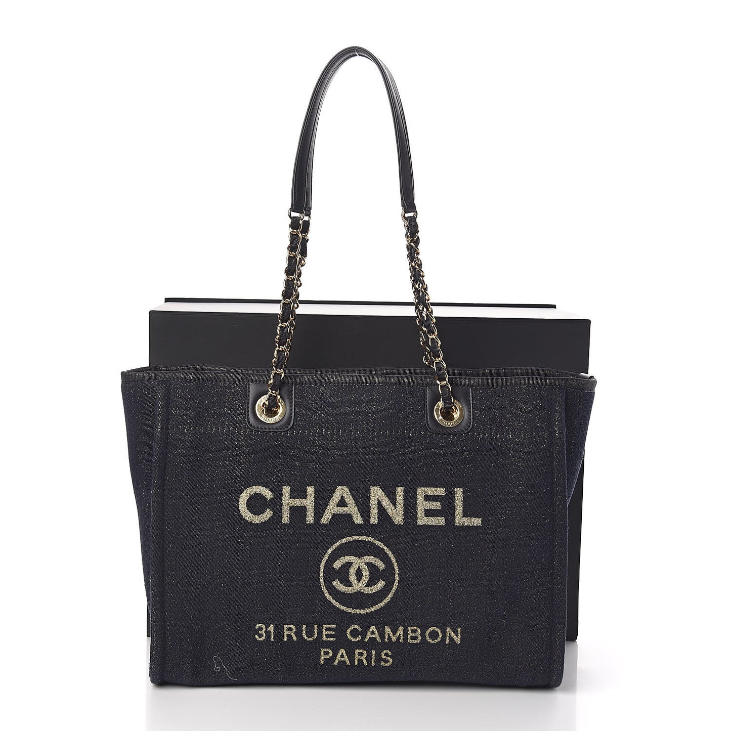 Lurex Canvas Small Deauville Tote Navy Blue Gold