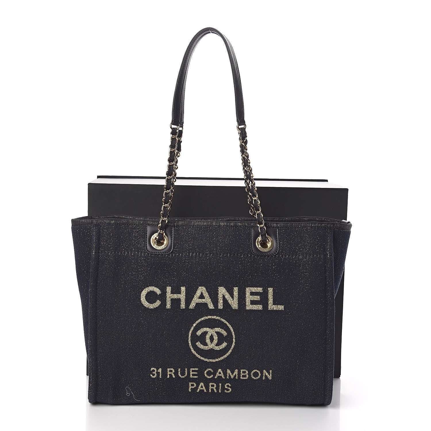 Chanel Lurex Canvas Small Deauville Tote Navy Blue Gold 11 of 11