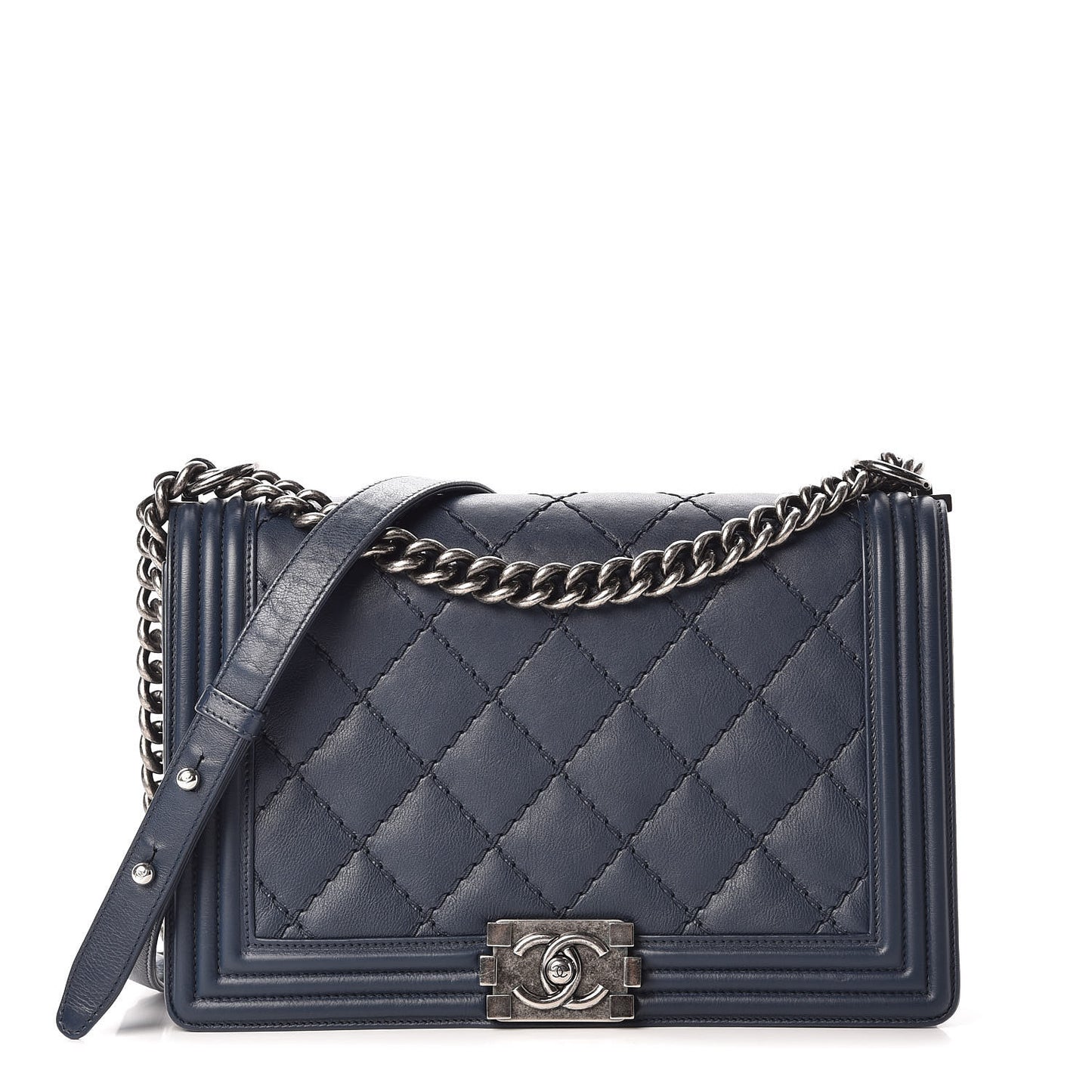 Calfskin Double Stitch New Medium Boy Flap Marine