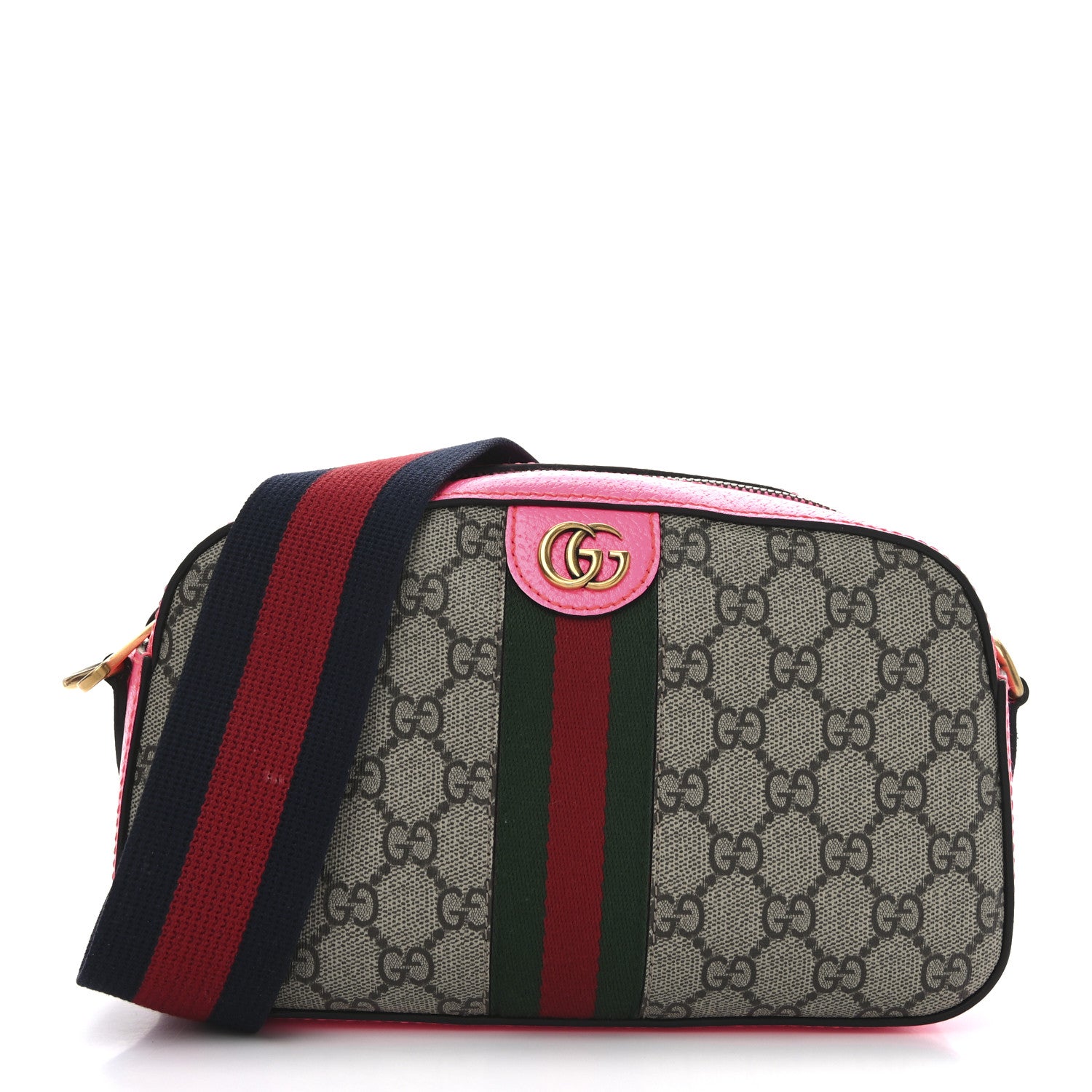 Gucci GG Supreme Monogram Textured Dollar Calfskin Web Ophidia Small Crossbody Bag Beige Ebony Fuchsia 1 of 11