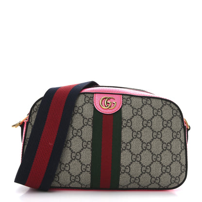 Gucci GG Supreme Monogram Textured Dollar Calfskin Web Ophidia Small Crossbody Bag Beige Ebony Fuchsia 1 of 11