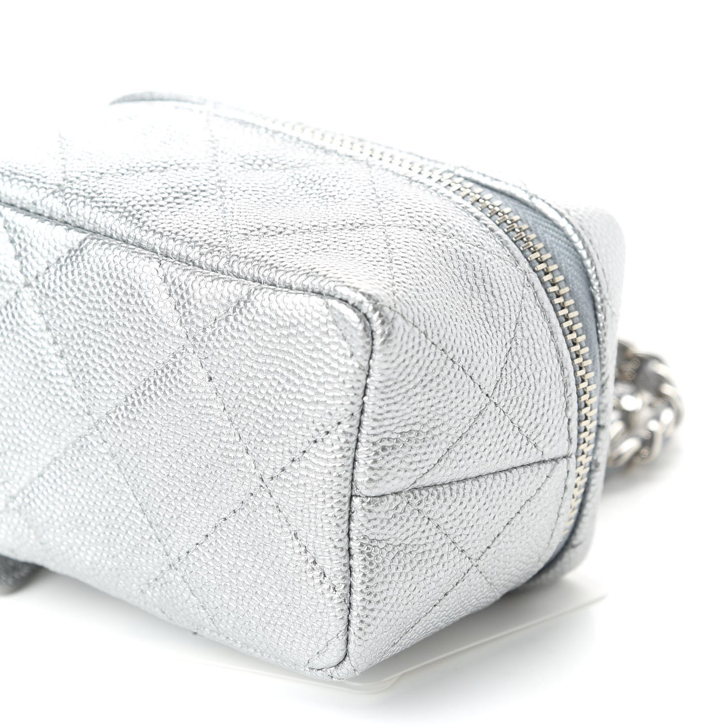 Metallic Caviar Quilted Mini Top Handle Vanity With Chain Silver