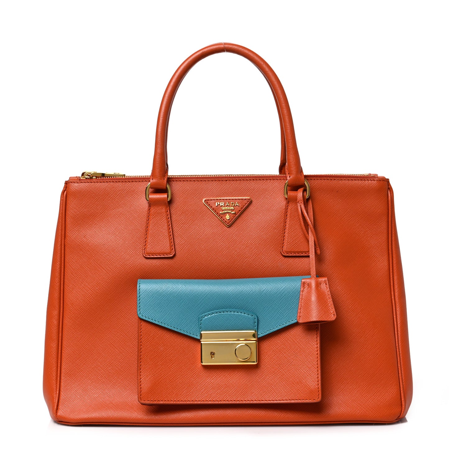 Saffiano Lux Galleria Front Pocket Tote Papaya Cobalto