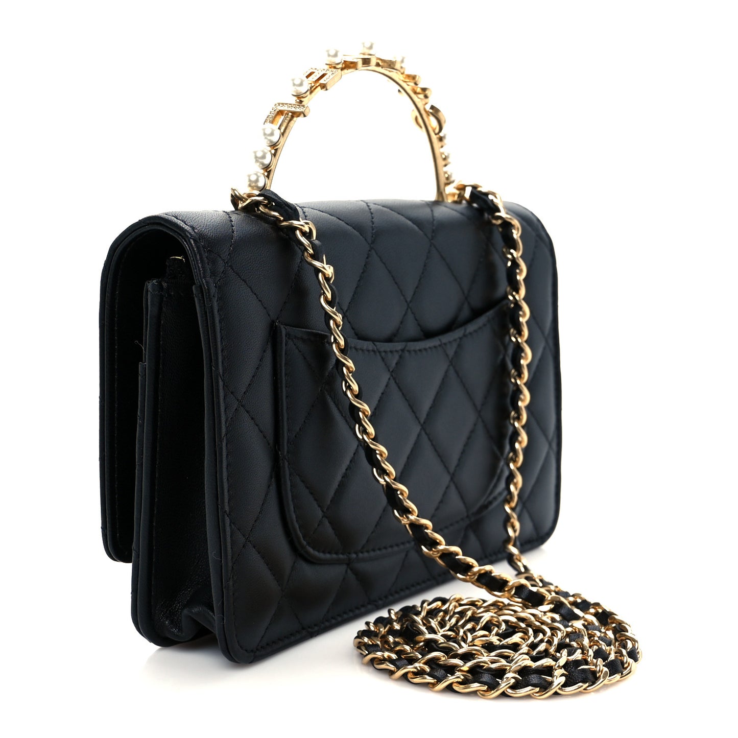 Lambskin Quilted Crystal Pearl Handle Wallet On Chain WOC Black