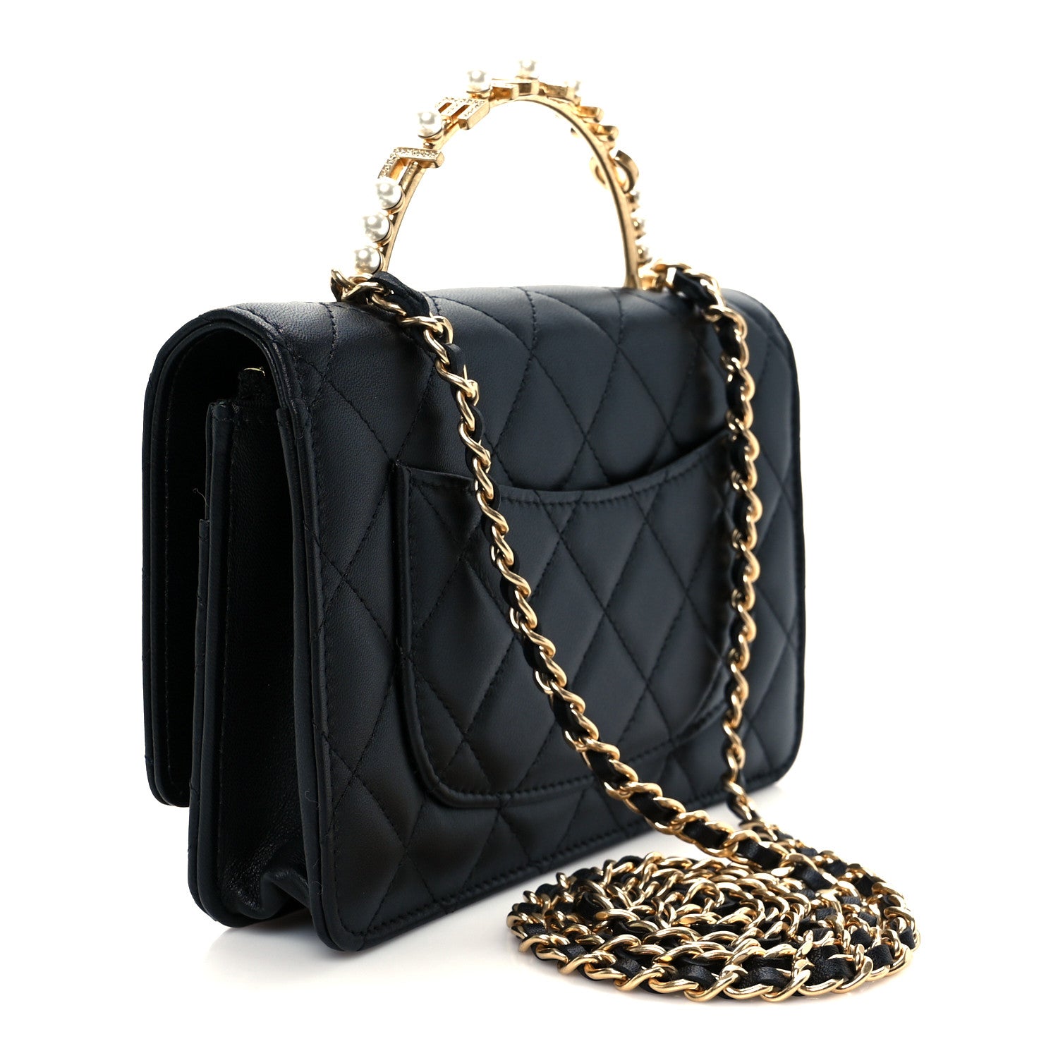 Chanel Lambskin Quilted Crystal Pearl Handle Wallet On Chain WOC Black 3 of 14