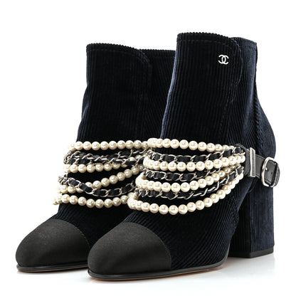 Chanel Velvet Satin Cap Cap Toe Short Boots 39 Navy Black 3 of 12