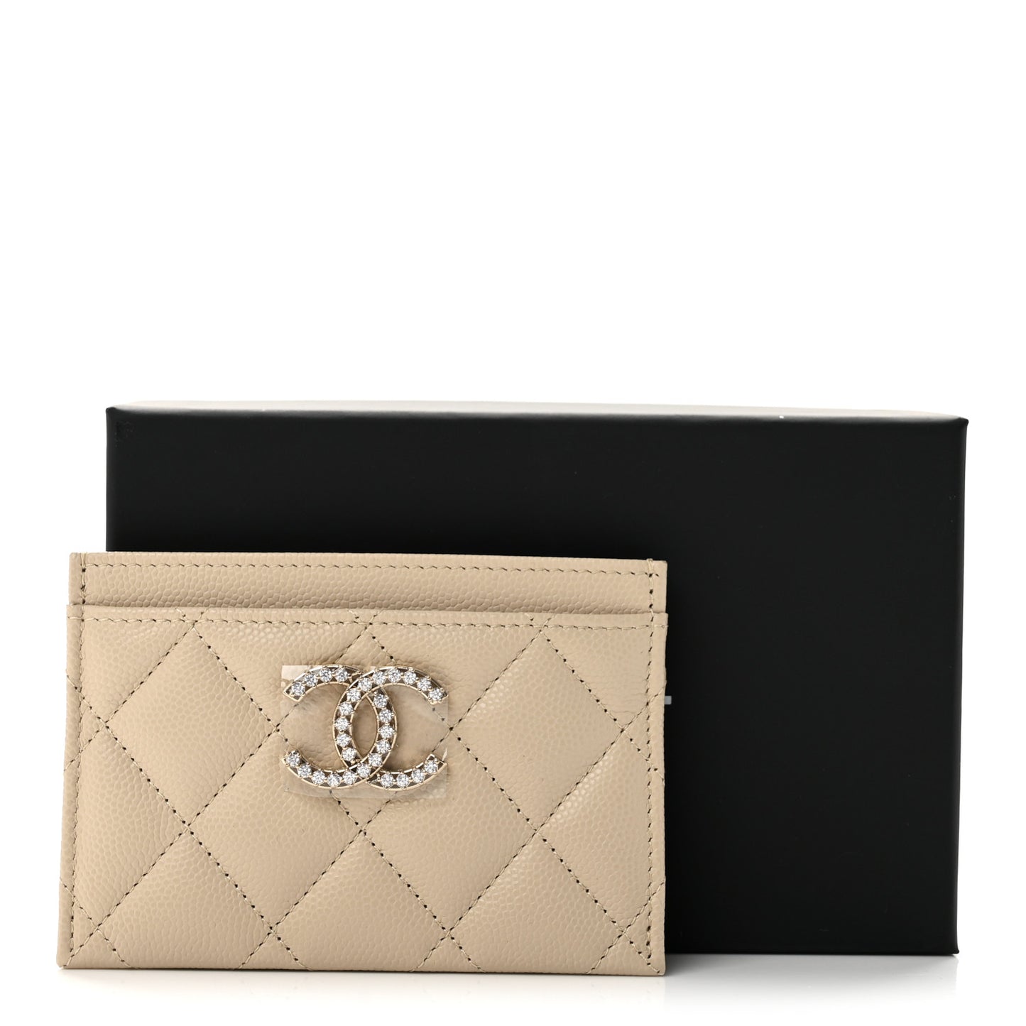 Caviar Quilted Crystal Card Holder Beige