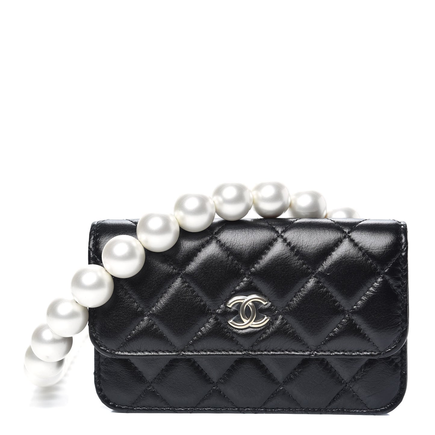 Calfskin Quilted Maxi Pearls Clutch With Chain Black