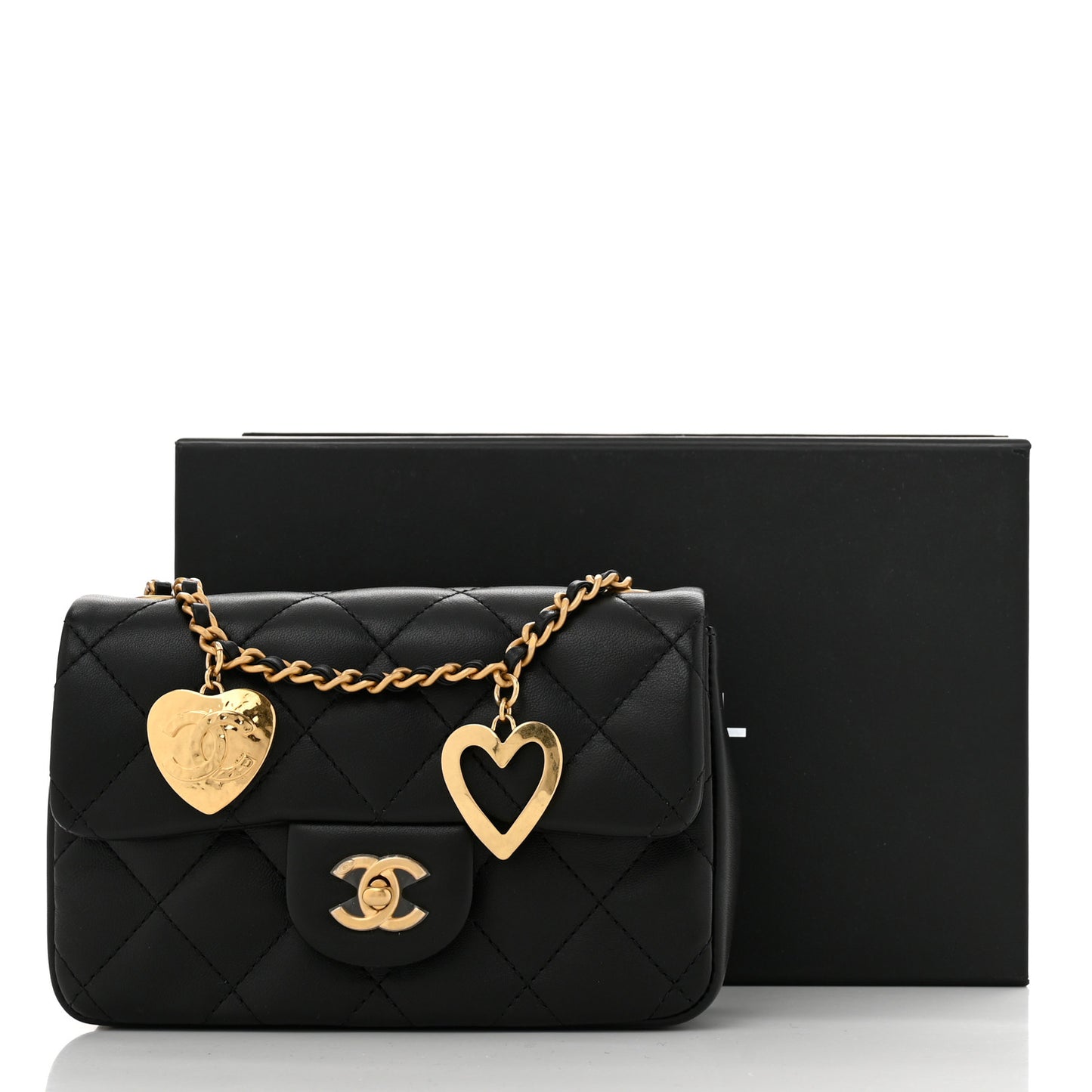 Lambskin Quilted Mini Heart Charms Flap Black