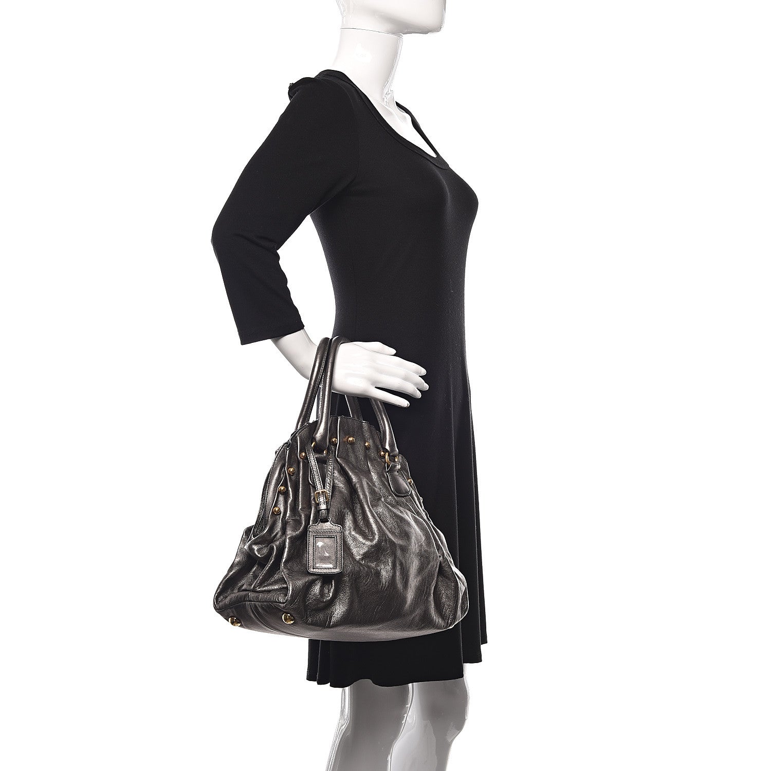 Valentino Garavani Metallic Calfskin Vanite Studded Dome Satchel Grey 2 of 10