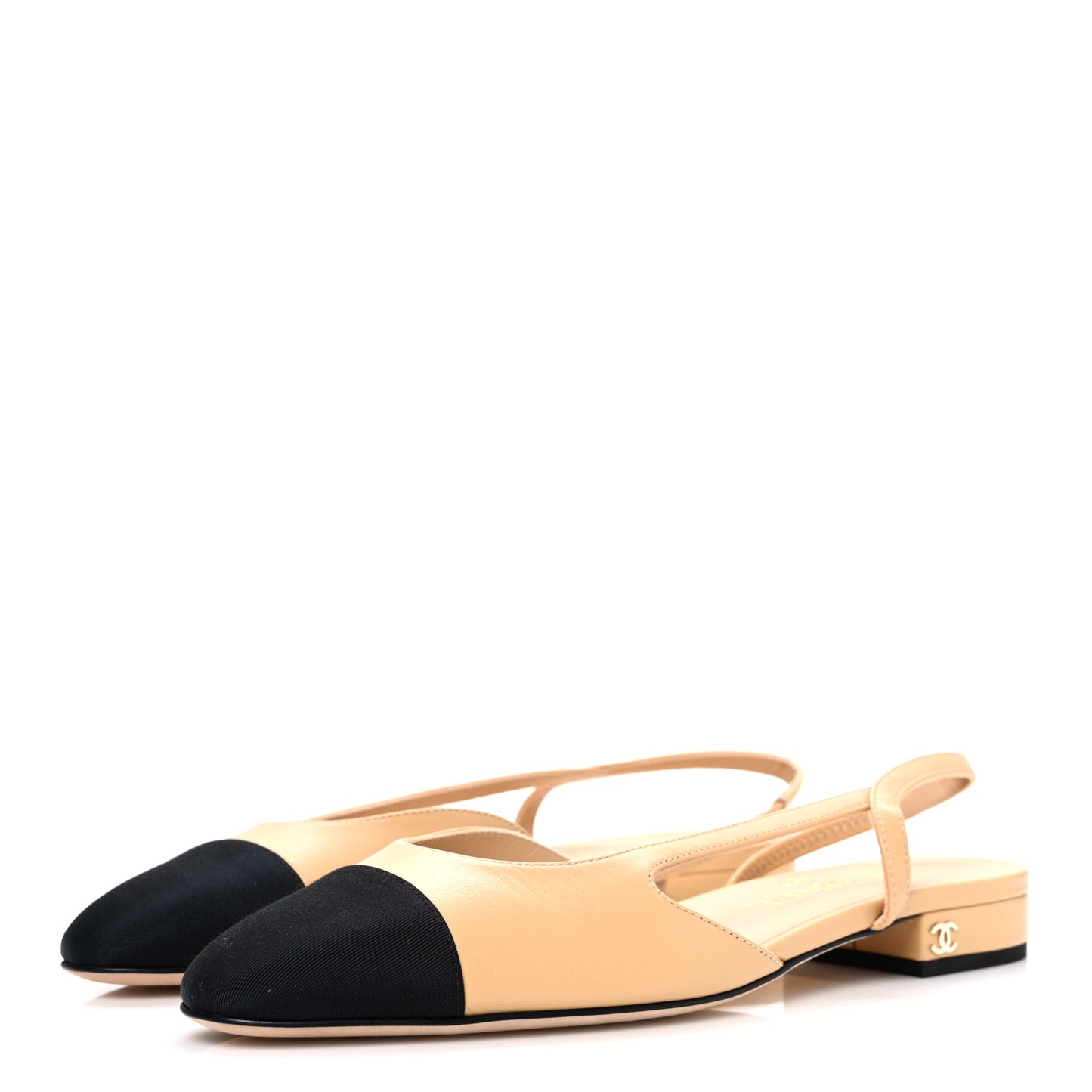 Goatskin Grosgrain Cap Toe CC Slingback Sandals 37.5 Beige Black