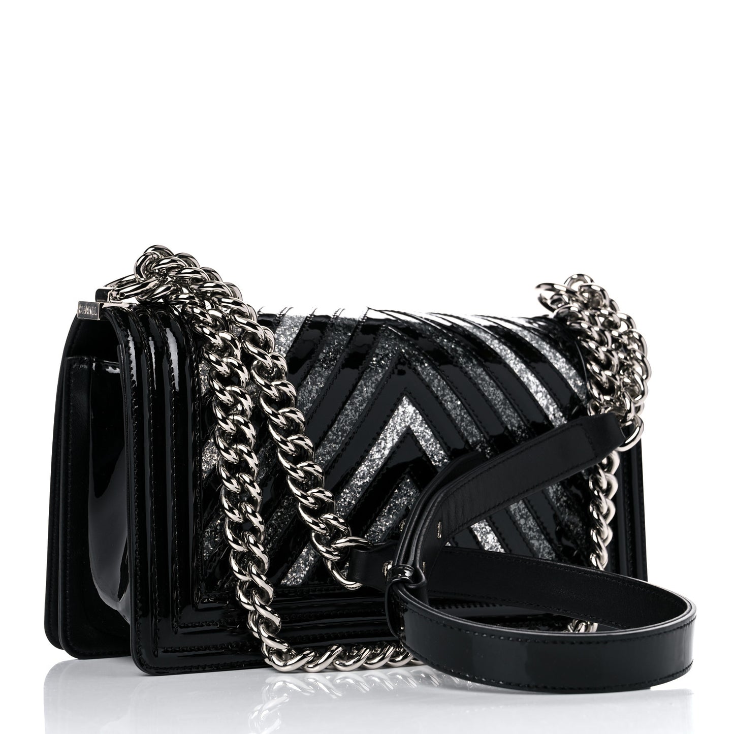 Patent Glitter PVC Chevron Quilted Medium Boy Flap Black Silver