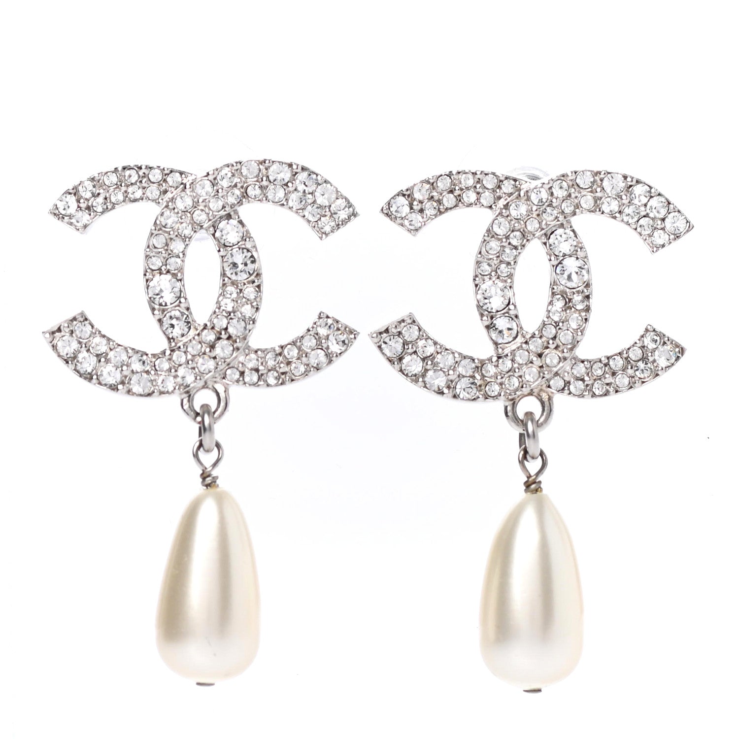 Chanel Crystal Pearl CC Drop Darling Bows Earrings Silver Pearly White 1 of 4