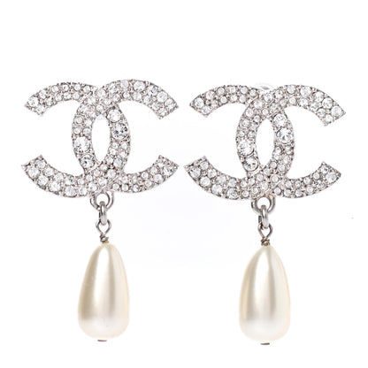 Chanel Crystal Pearl CC Drop Darling Bows Earrings Silver Pearly White 1 of 4
