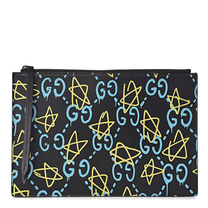 Gucci Calfskin GucciGhost Zip Pouch Black New Acquamarine 1 of 9