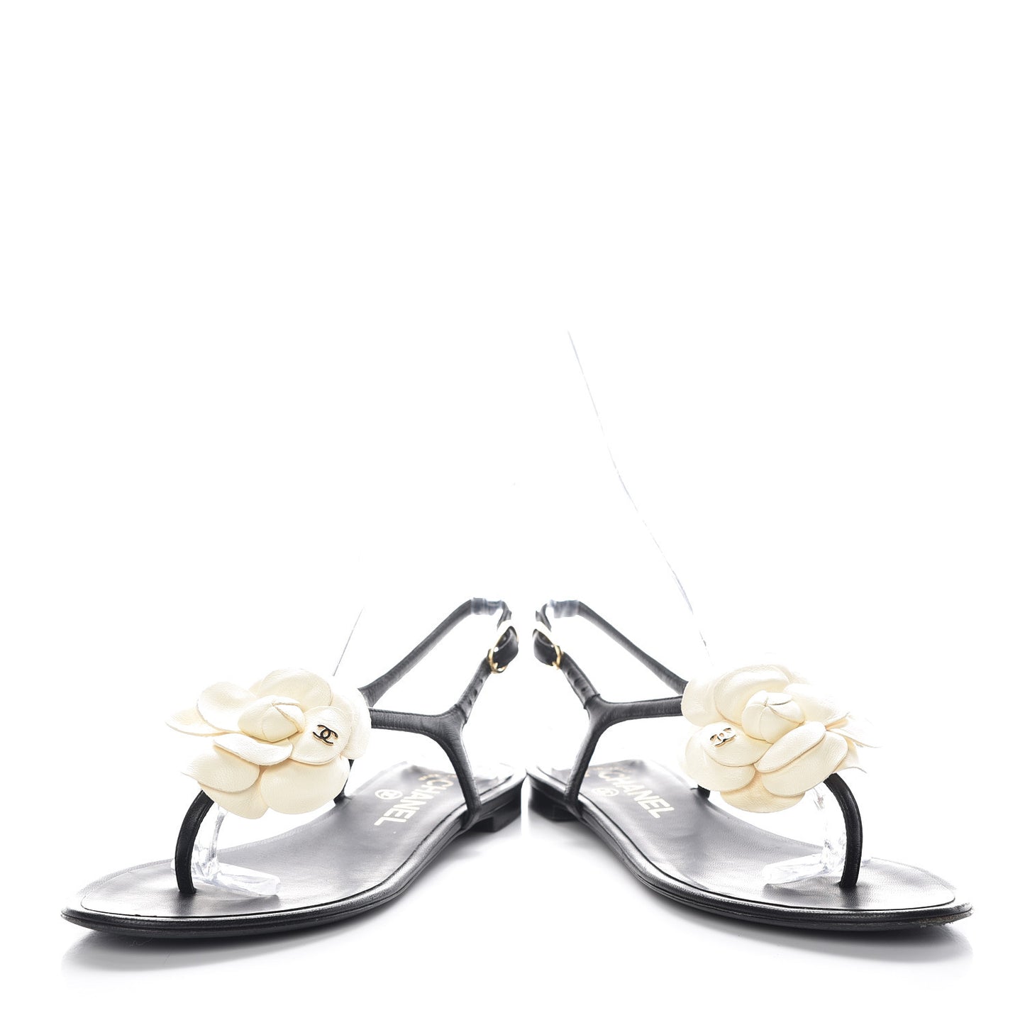 Lambskin Camellia Thong Sandals 36 Black White