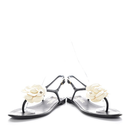 Chanel Lambskin Camellia Thong Sandals 36 Black White 6 of 16