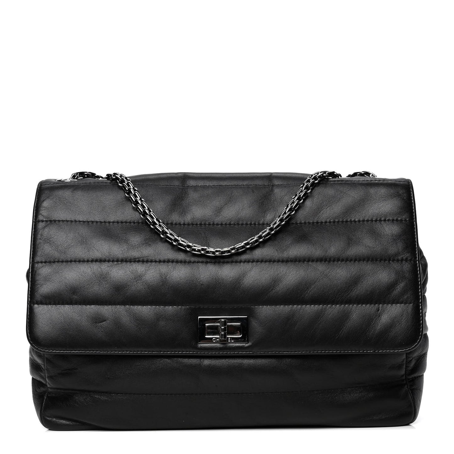 Lambskin Horizontal Quilt Jumbo Mademoiselle Flap Black