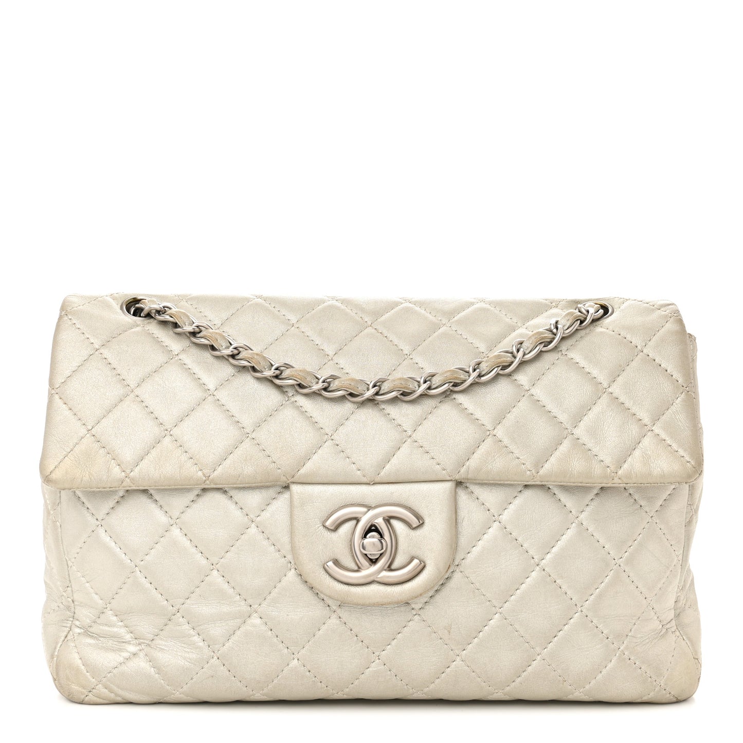 Metallic Lambskin Quilted Maxi Single Flap Silver