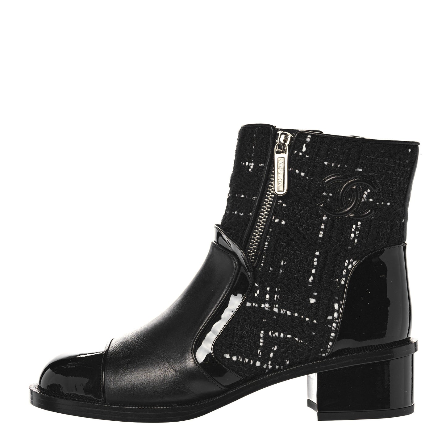 Patent Calfskin Tweed Patent Cap Toe CC Zip Boots 37.5 Black