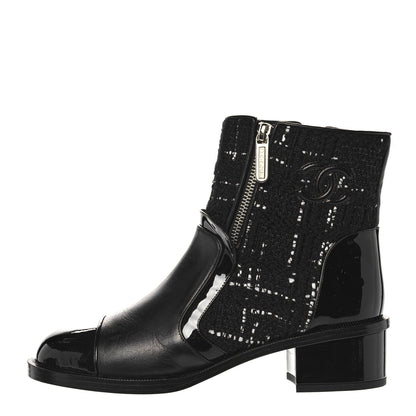 Chanel Patent Calfskin Tweed Patent Cap Toe CC Zip Boots 37.5 Black 1 of 9