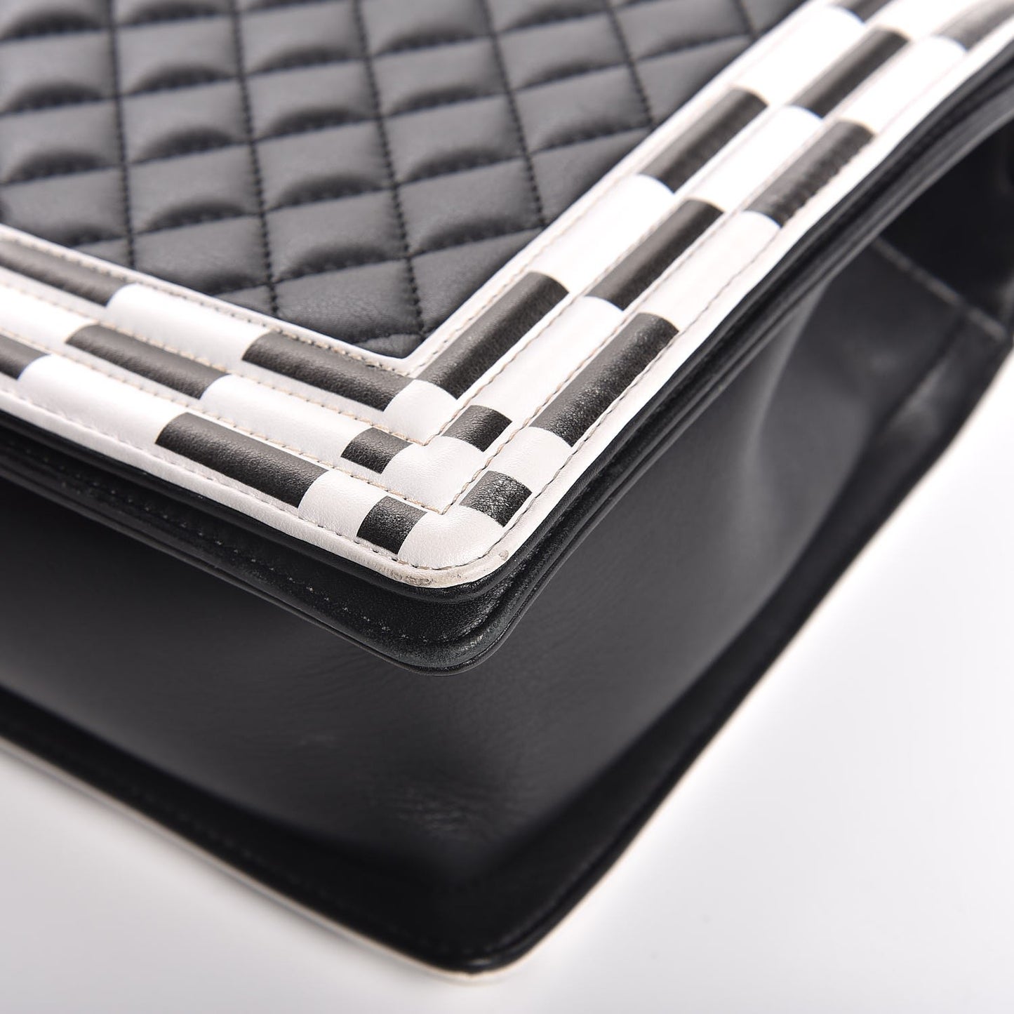 Calfskin Quilted Checkerboard Trim New Medium Boy Flap Black White
