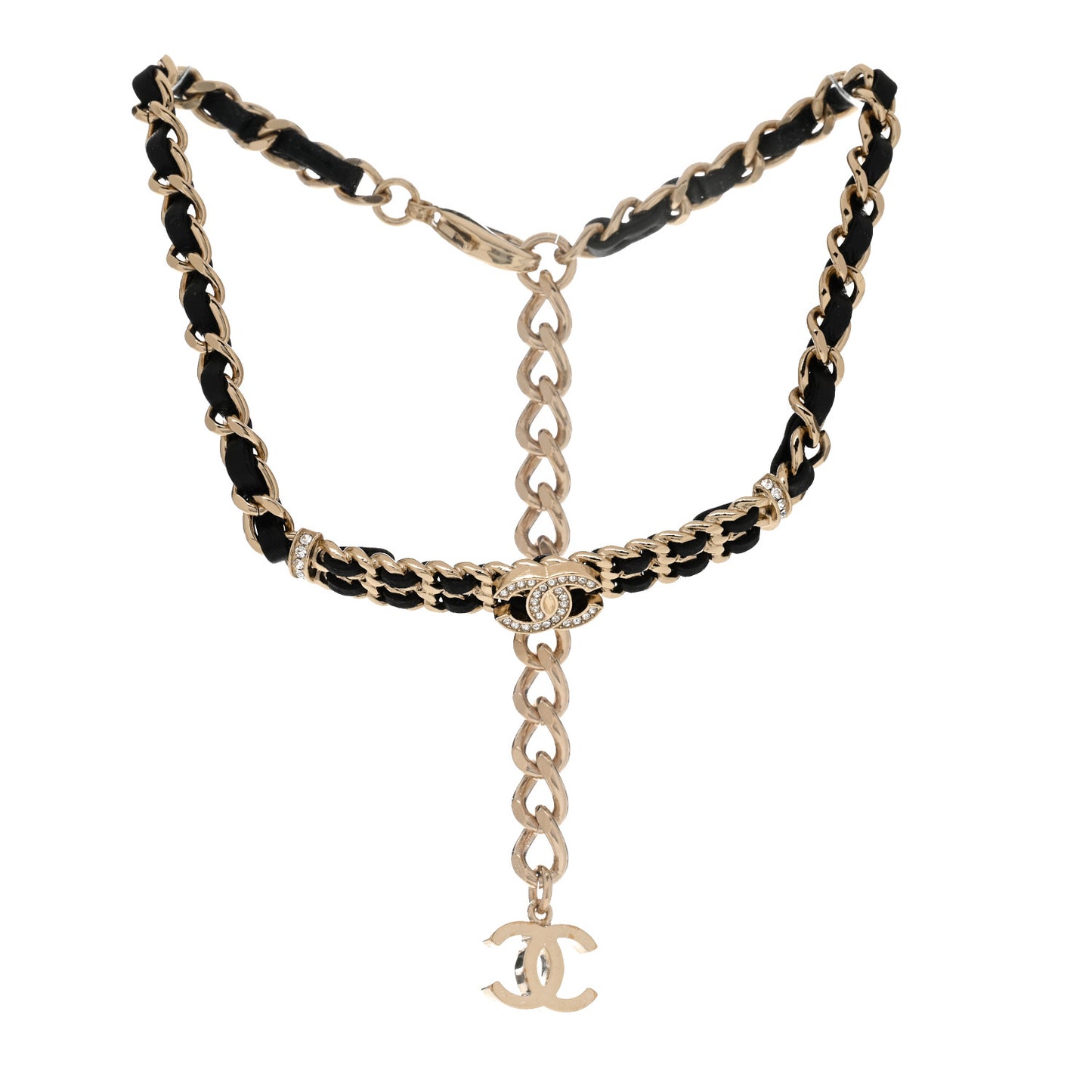Metal Lambskin Crystal CC Choker Necklace Black Gold