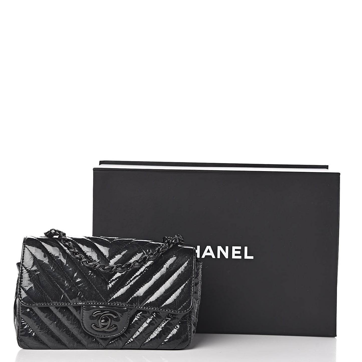 Patent Metallic Crumpled Calfskin Chevron Quilted Mini Rectangular Flap So Black