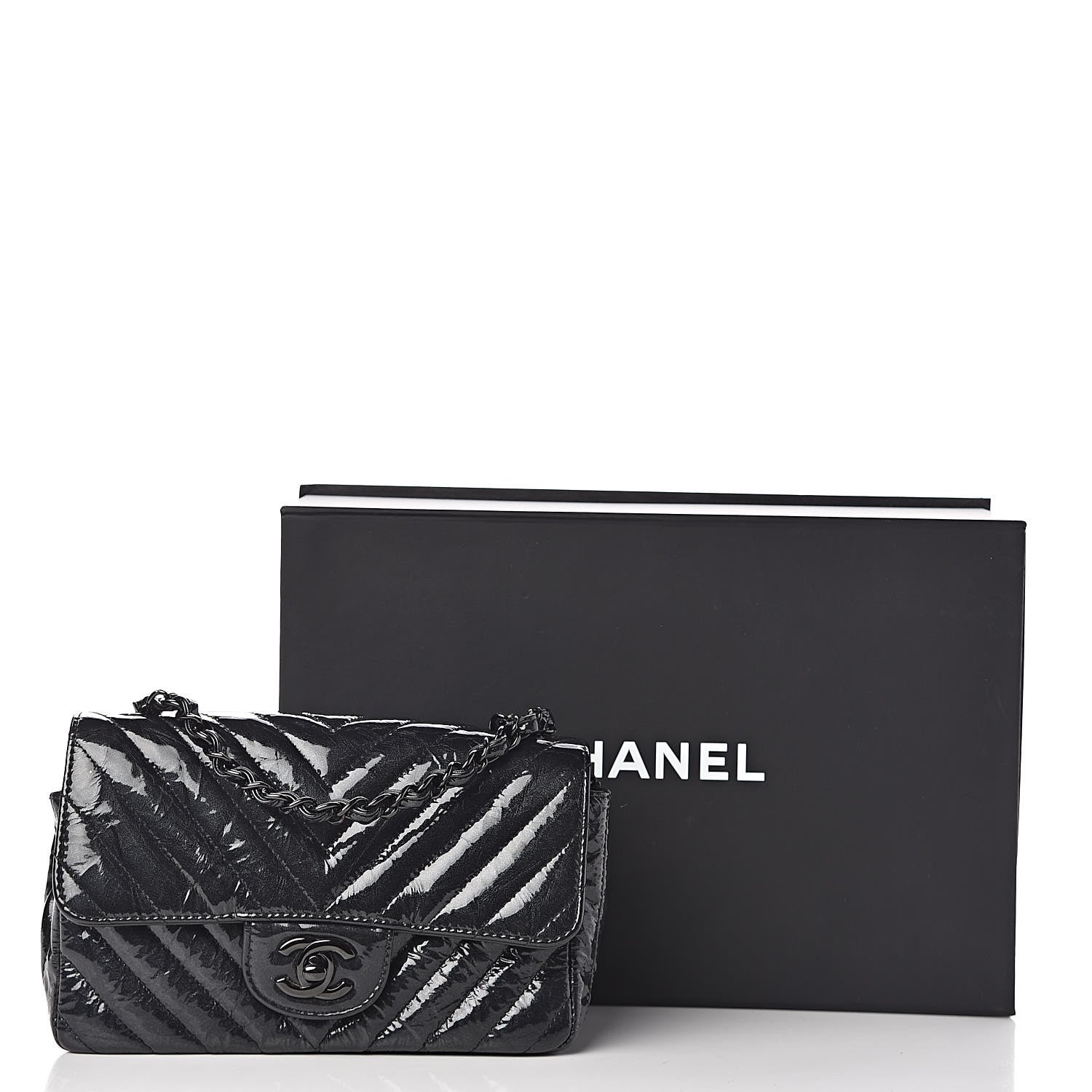 Chanel Patent Metallic Crumpled Calfskin Chevron Quilted Mini Rectangular Flap So Black 14 of 14
