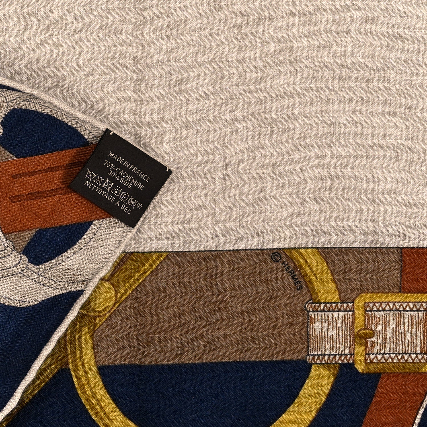 Hermes Cashmere Silk Encadre Eperon d'Or Scarf 90 Naturel Camel Marine 2 of 4