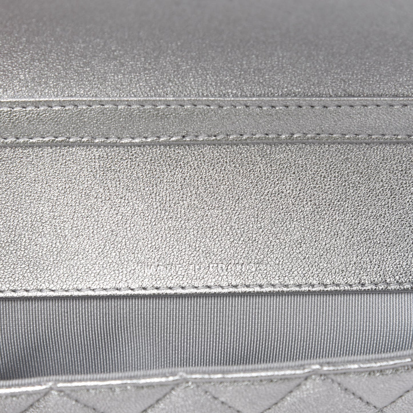 Metallic Lambskin Quilted Glasses Case With Chain Silver