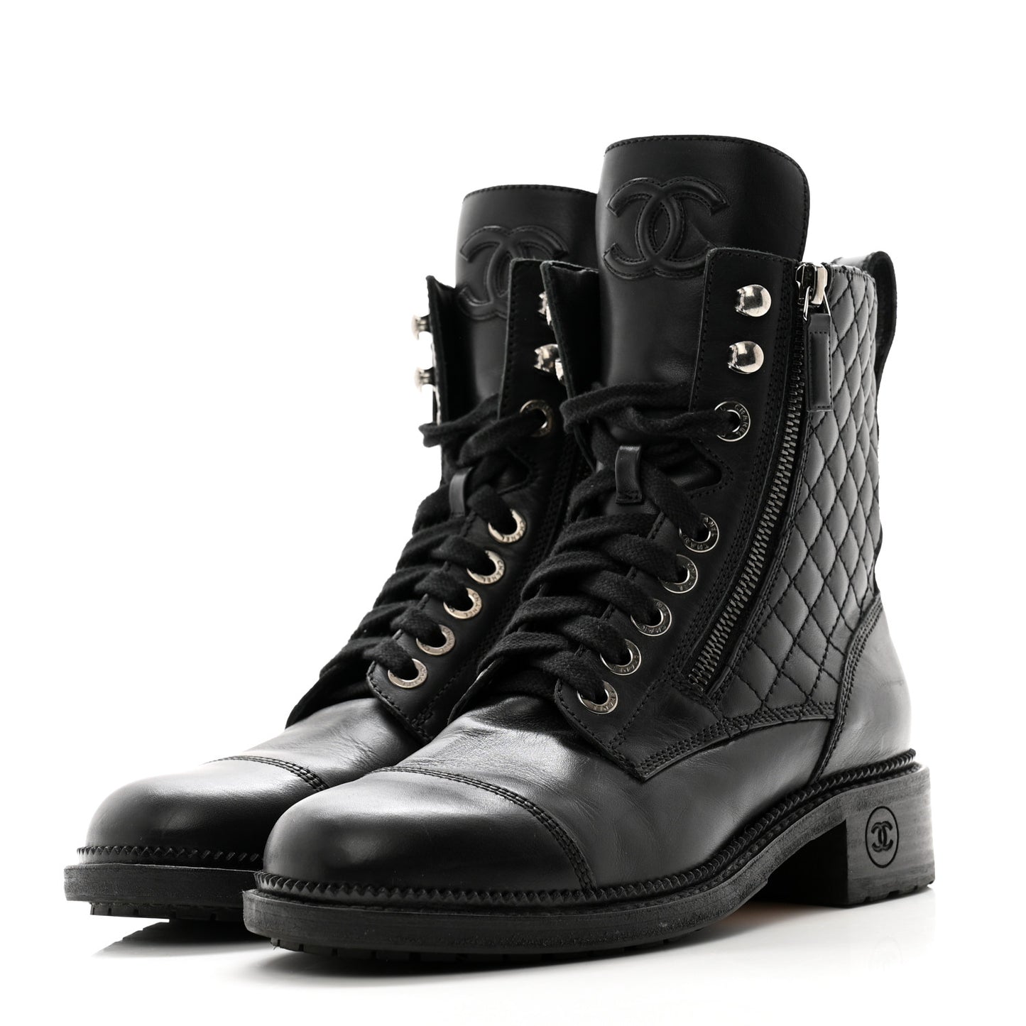 Calfskin Quilted Lace Up Combat Boots 37.5 Black