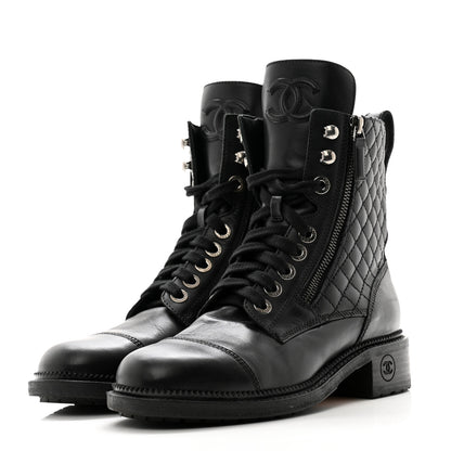 Chanel Calfskin Quilted Lace Up Combat Boots 37.5 Black 3 of 12