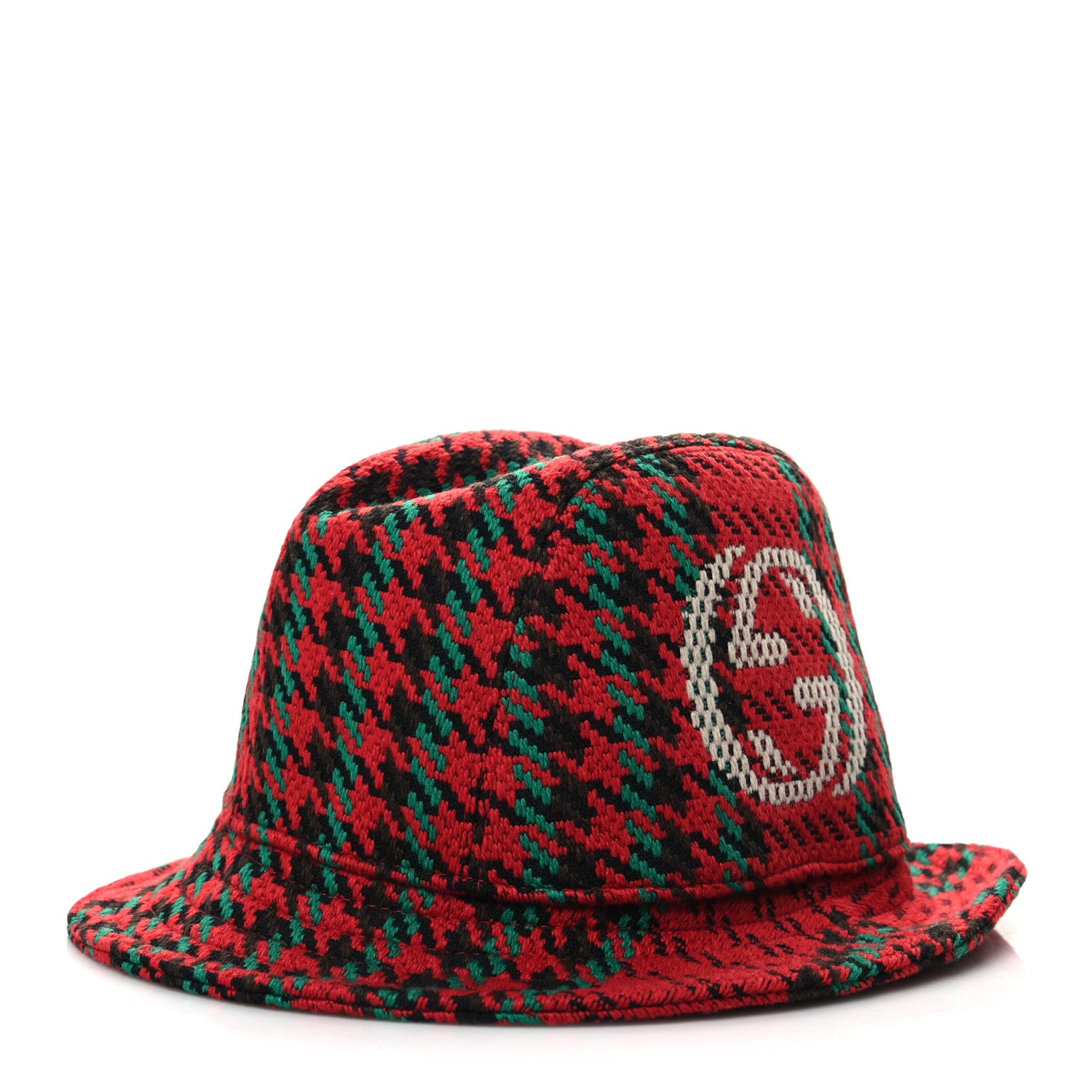 Gucci Tweed Wool Houndstooth Interlocking G Bucket Hat L Red Green 1 of 8