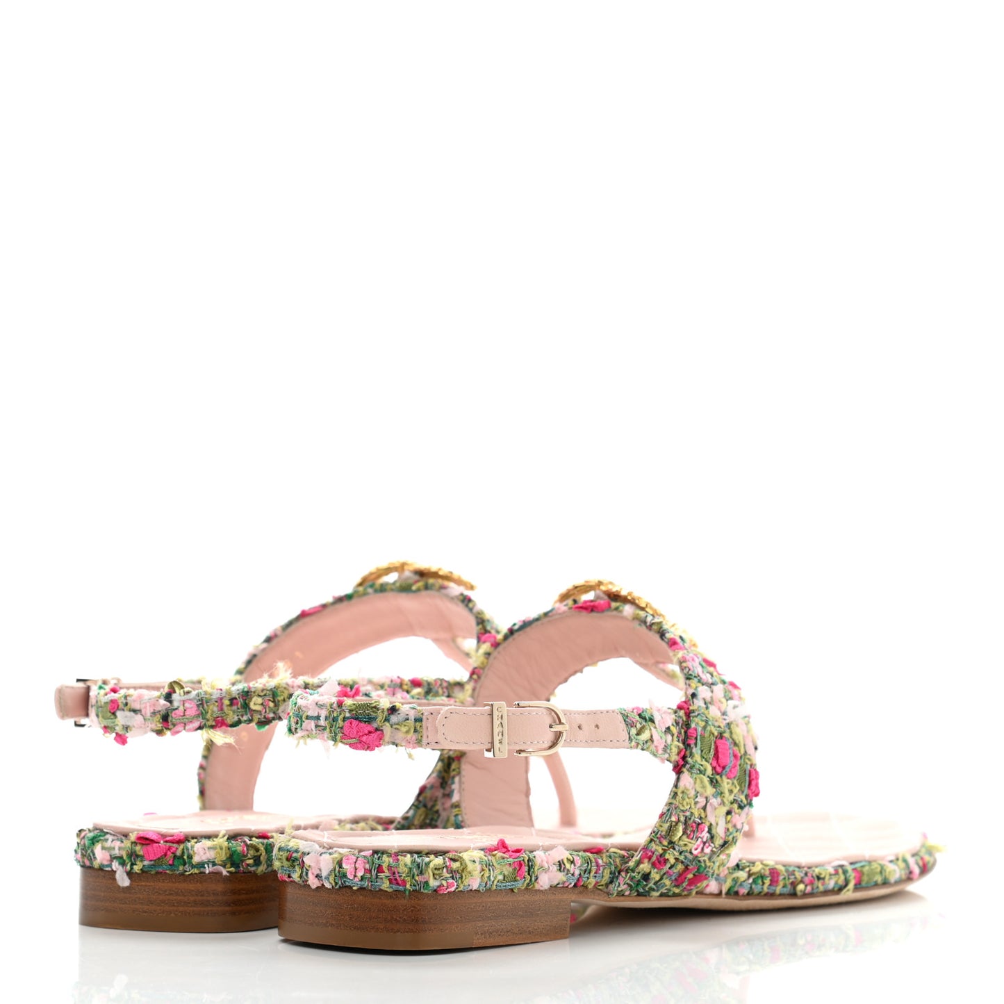 Tweed CC Logo Thong Sandals 37.5 Green Pink White