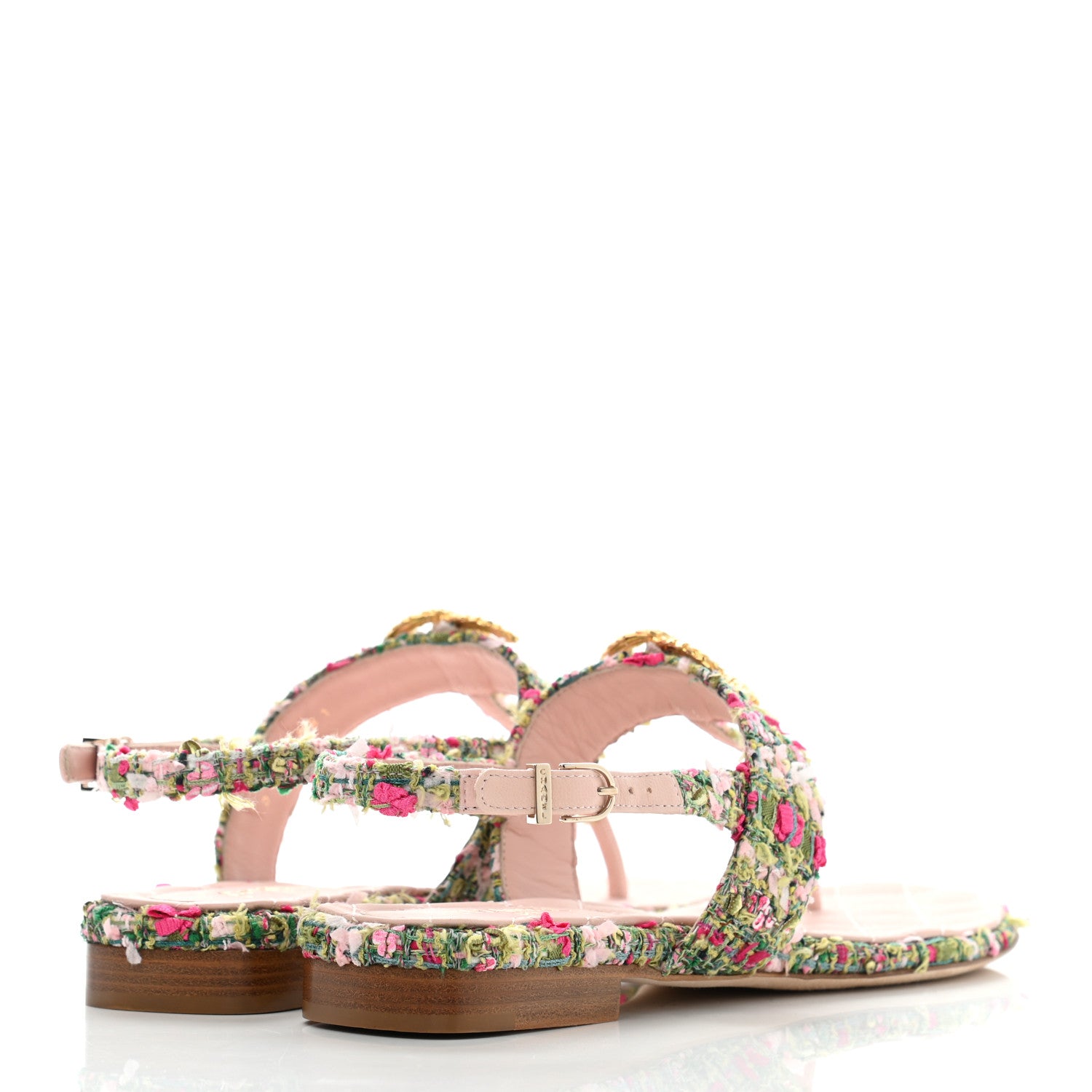 Chanel Tweed CC Logo Thong Sandals 37.5 Green Pink White 4 of 9