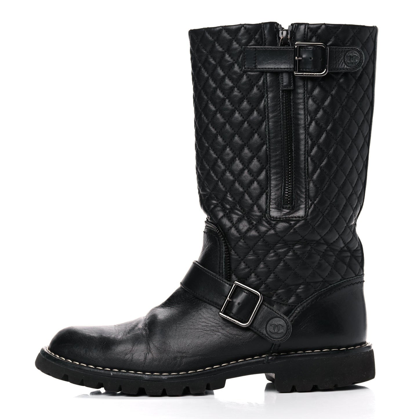 Calfskin Quilted Biker Boots 40.5 Black