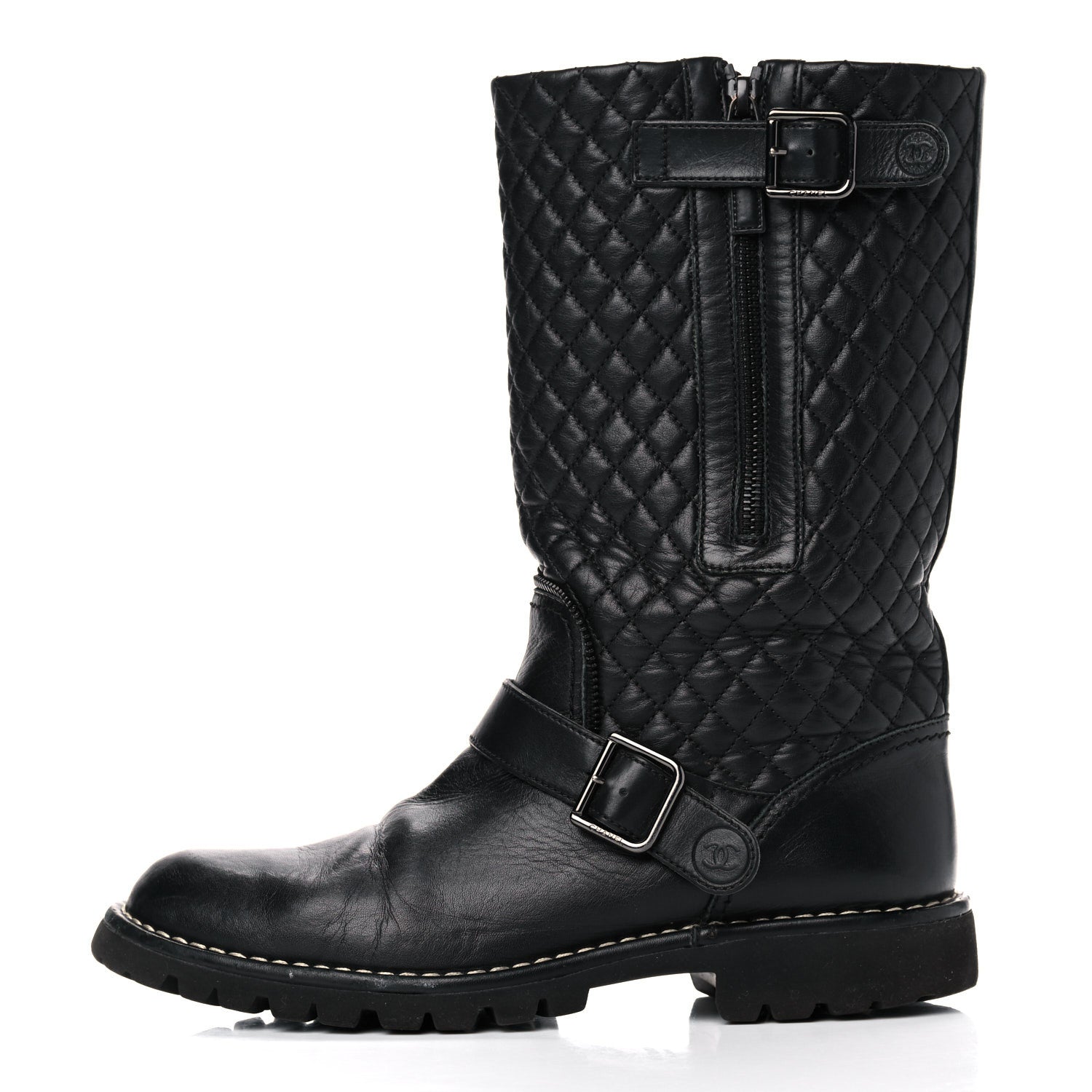 Chanel Calfskin Quilted Biker Boots 40.5 Black 1 of 12